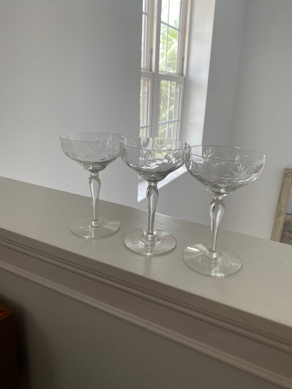 Etched Coup glass set of three Champagne/Tall Sherbet Salina by Susquehanna